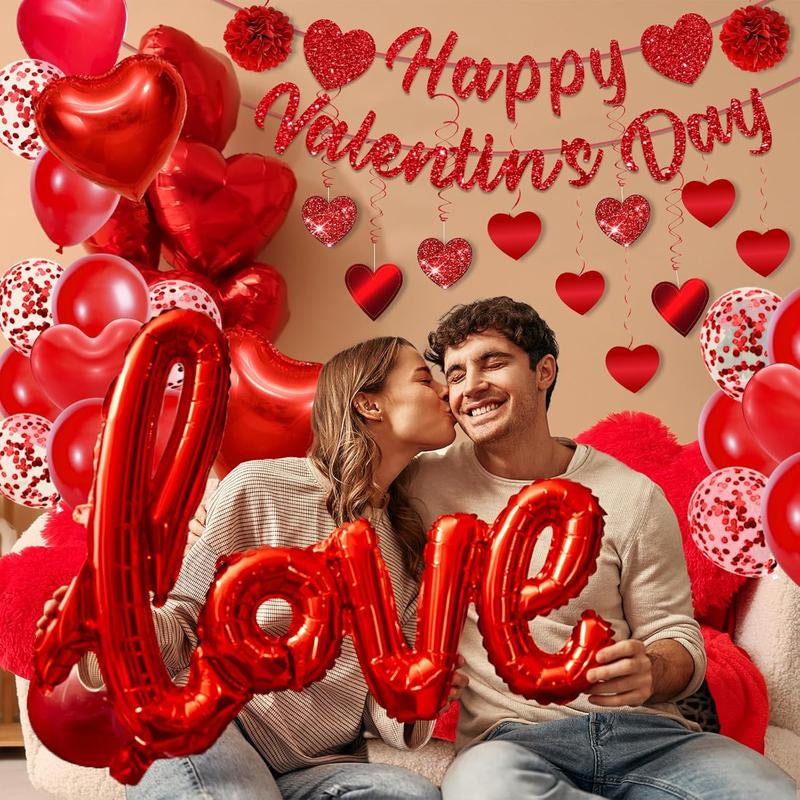 Valentine's Day Decorations (Heart Balloons, Love Balloon, Rose Petals, Banner)