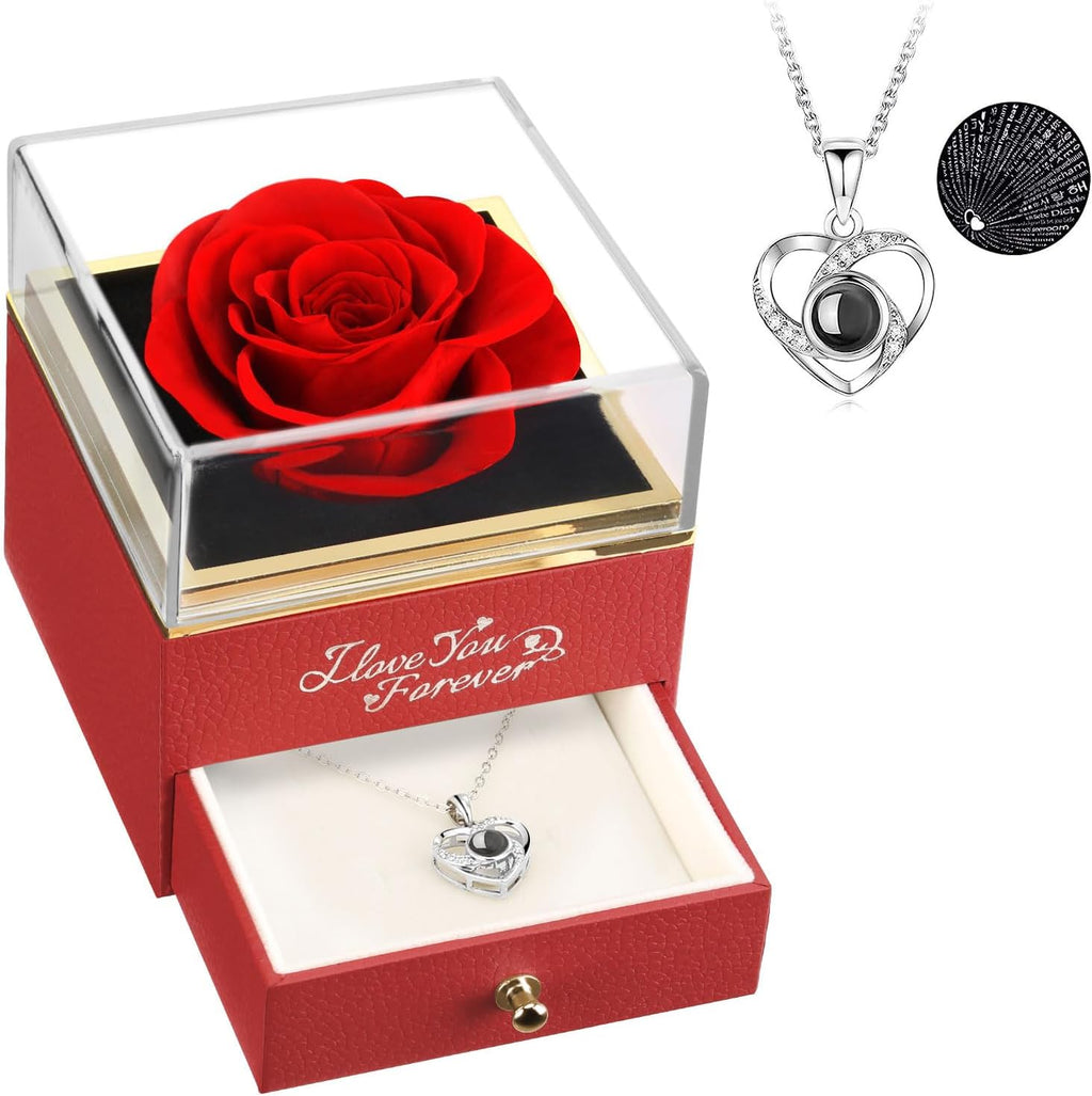 Preserved Real Red Rose Flower with I Love You Necklace - Anniversary Gift