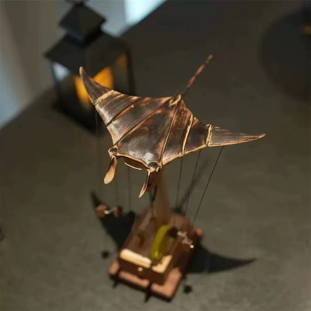 Artwork Wooden Motorized Manta Ray Figurine Precision Ray Figurine Handmade Mechanical Transmission Ray Figurine Mechanical