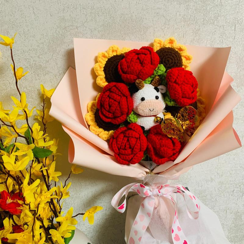 Handmade Flower Bouquet with Cow Doll