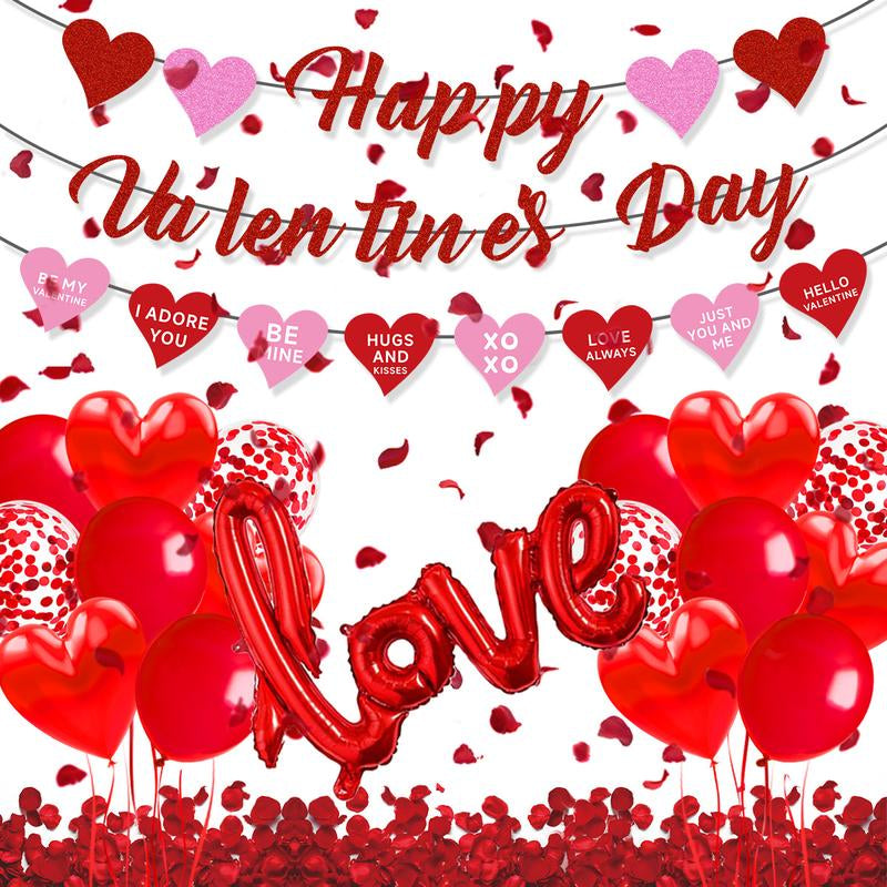 Valentine's Day Decorations (Heart Balloons, Love Balloon, Rose Petals, Banner)