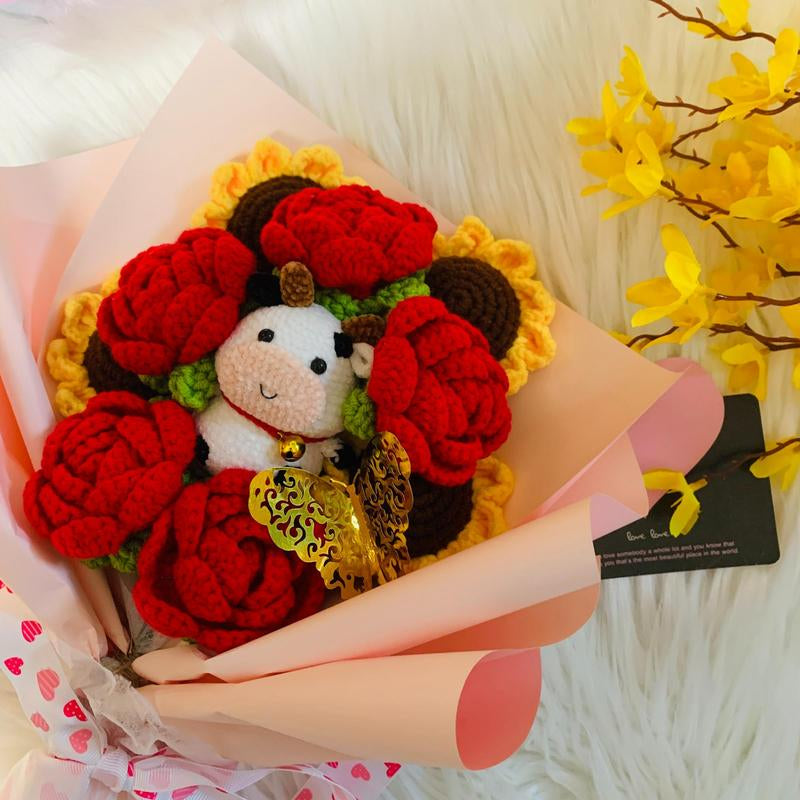 Handmade Flower Bouquet with Cow Doll
