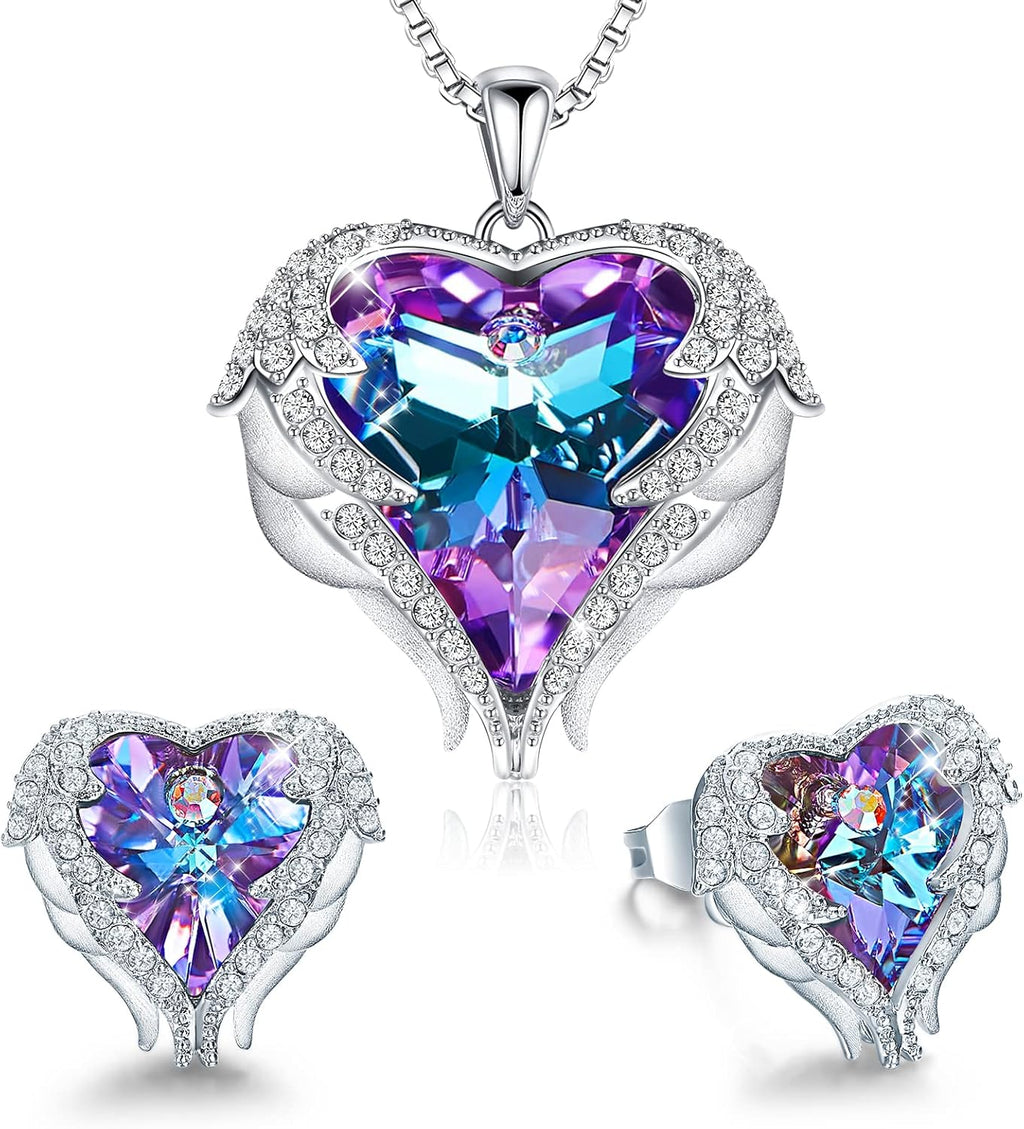 Angle Wing Heart Necklaces and Earrings with Birthstone -  Birthday/Anniversary/Valentines Jewelry Gift for Women