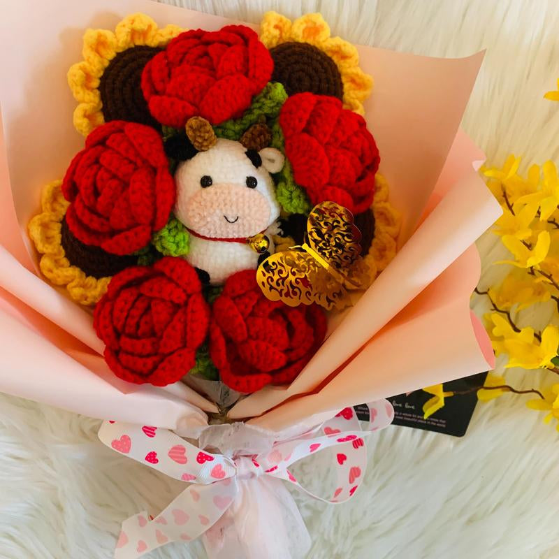 Handmade Flower Bouquet with Cow Doll