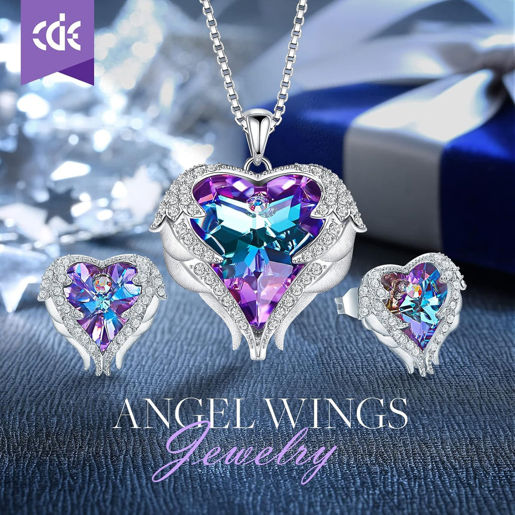 Angle Wing Heart Necklaces and Earrings with Birthstone -  Birthday/Anniversary/Valentines Jewelry Gift for Women