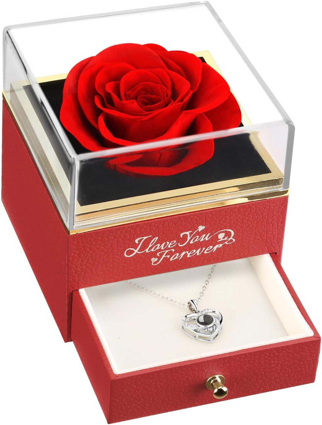 Preserved Real Red Rose Flower with I Love You Necklace - Anniversary Gift
