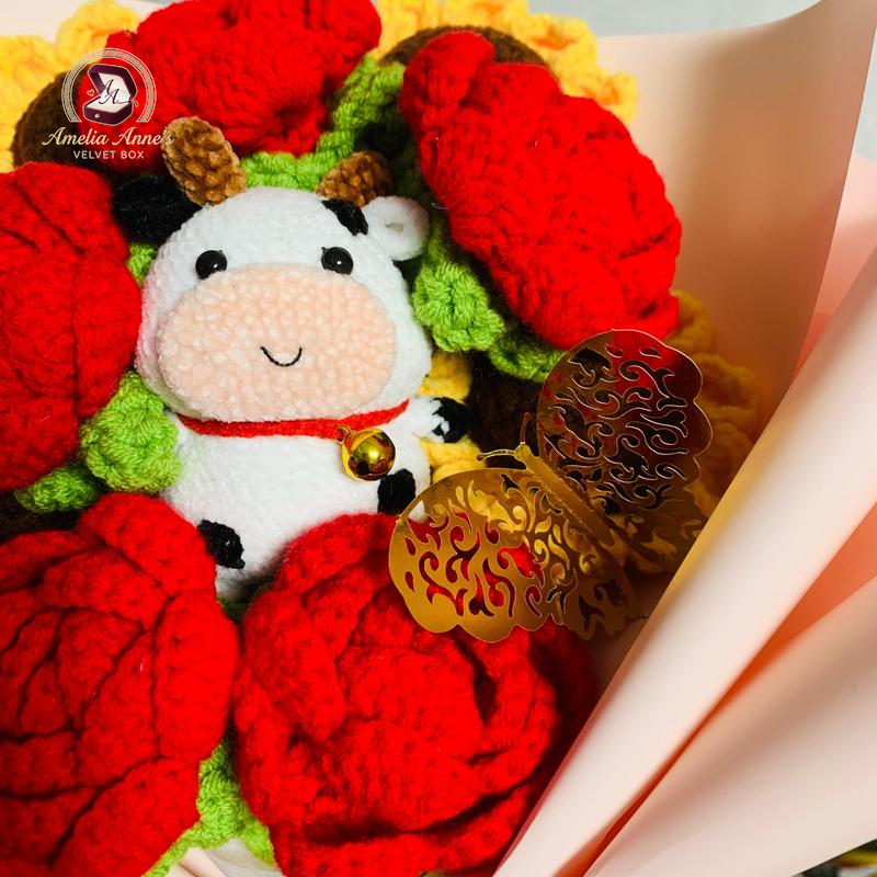 Handmade Flower Bouquet with Cow Doll