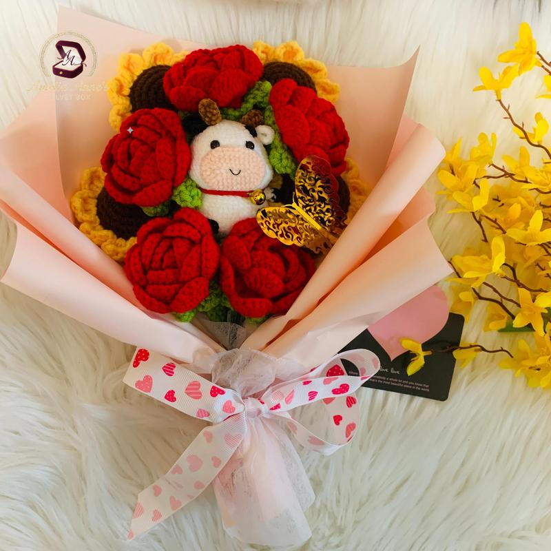 Handmade Flower Bouquet with Cow Doll